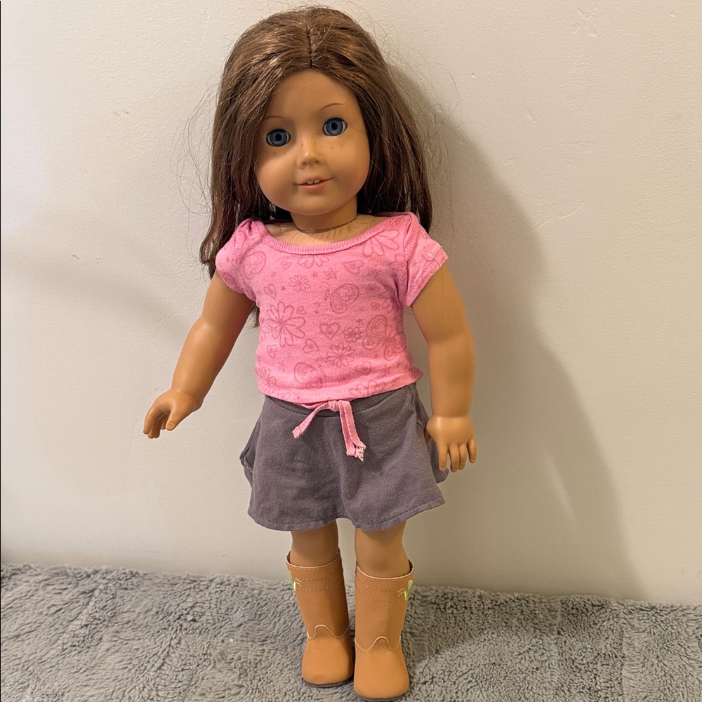 American Girl Doll with Pink Top, Gray Skirt and Tan Boots